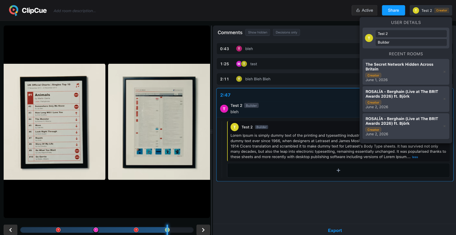 ClipCue — video review with timecoded comments and decisions